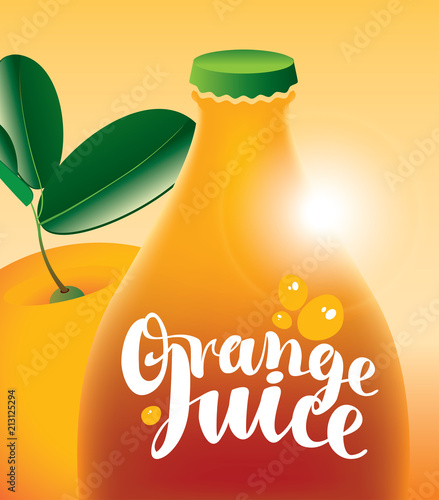 Vector banner with bottle, orange with green leaves and inscription orange juice