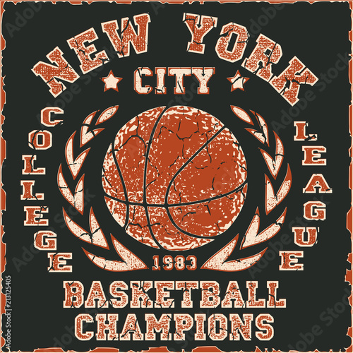 New York Basketball Team t-shirt graphics, american College Championship grunge Emblem, Basket Ball with laurel wreath Sport Athletics typography stamp.