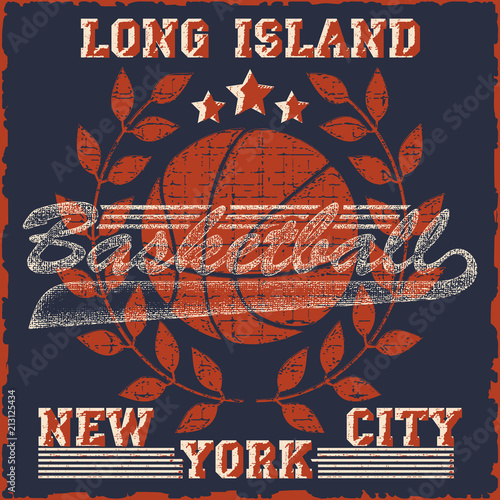 New York Basketball Team t-shirt graphics, american College Championship grunge Emblem, Basket Ball with laurel wreath Sport Athletics typography stamp.