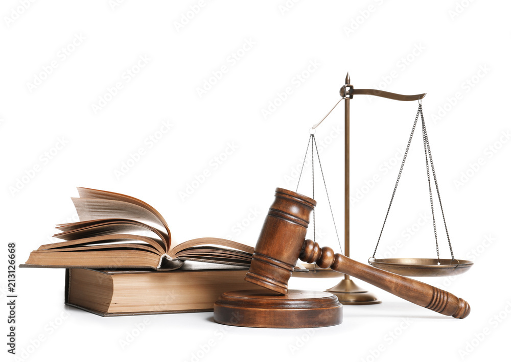 Wooden gavel, scales of justice and books on white background. Law concept Wooden gavel, scales of justice and books on white background. Law concept