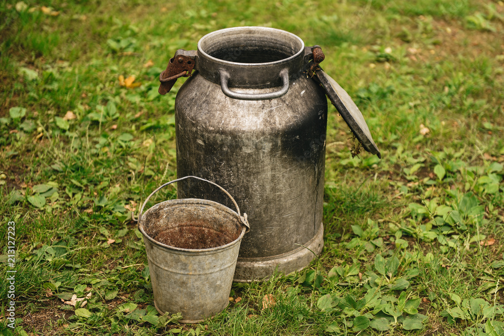 Iron can and old rusty bucket on green grass background, rustic concept Iron can and old rusty bucket on green grass background, rustic concept