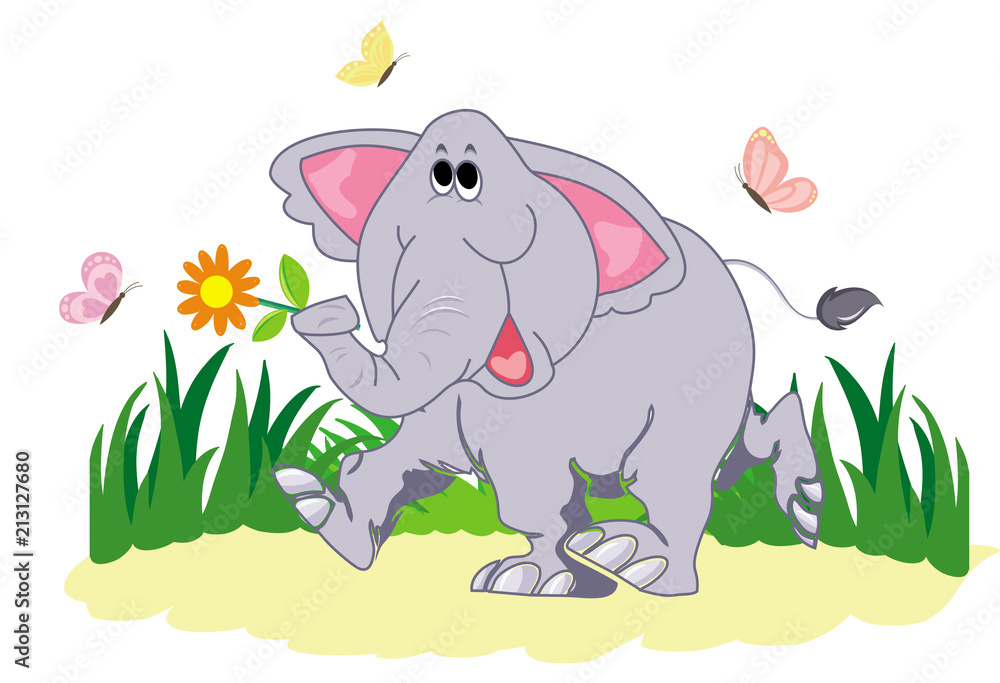 Funny cartoon elephant with butterfly on a white background Funny cartoon elephant with butterfly on a white background