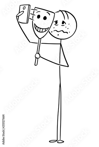 Cartoon stick drawing conceptual illustration of sick, unhappy and unhealthy looking man taking selfie with smiling mask creating illusion of happy and successful life.