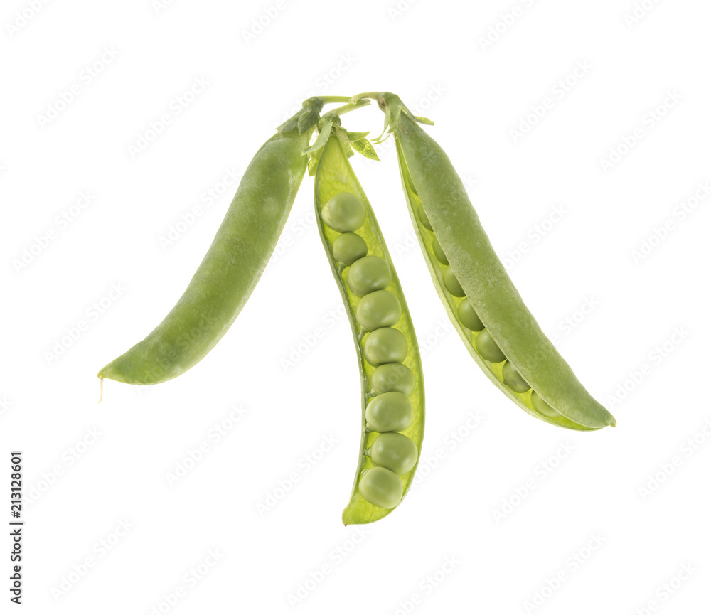 three pods of green peas on isolated white background three pods of green peas on isolated white background