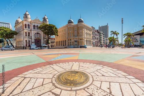 Panoramic view of Architecture in Marco Zero (Ground Zero) Square at Ancient Recife district with buildings dated from the 17th century