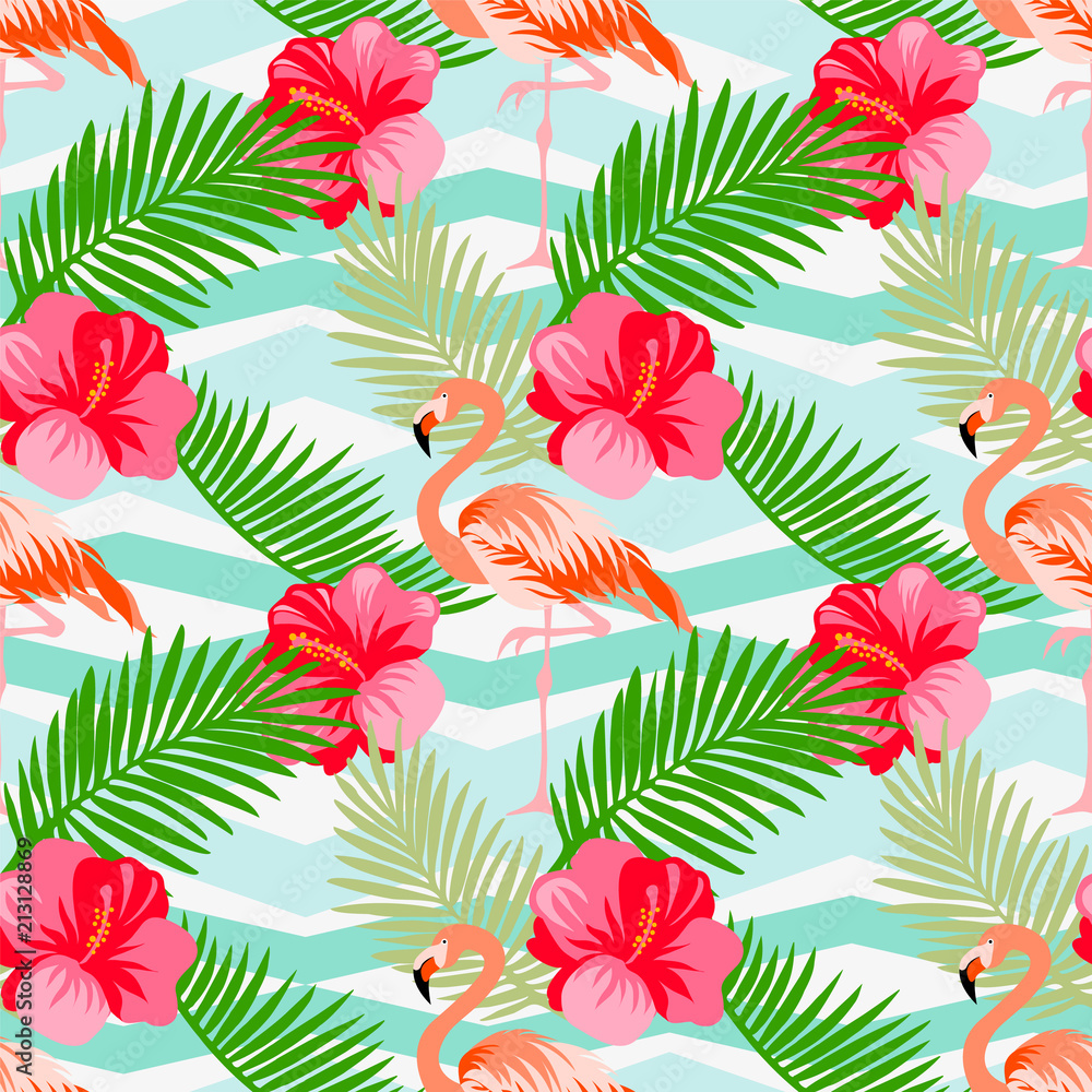 Seamless floral vector summer pattern with tropical leaves, flamingo ...