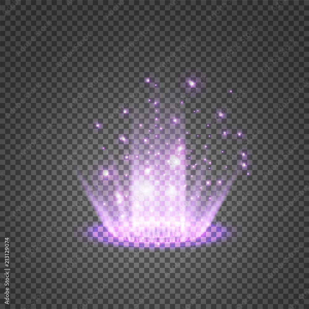 Naklejka premium Magiczny portal fantasy. Futurystyczny teleport. Efekt świetlny. Promienie świetlne sceny nocnej i iskry na przezroczystym tle. Pusty efekt świetlny podium. Klub dyskotekowy na parkiecie.