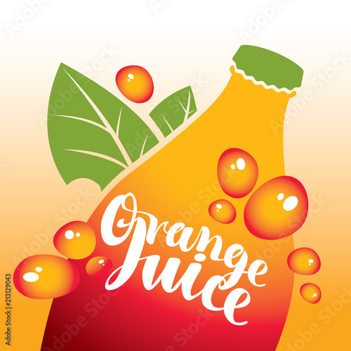 Vector banner with bottle with green leaves and inscription orange juice and drops