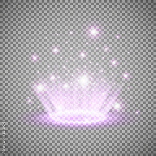 Magic portal of fantasy. Futuristic teleport. Light effect. Light rays of the night scene and sparks on a transparent background. Empty light effect of the podium. Disco club of the dance floor.
