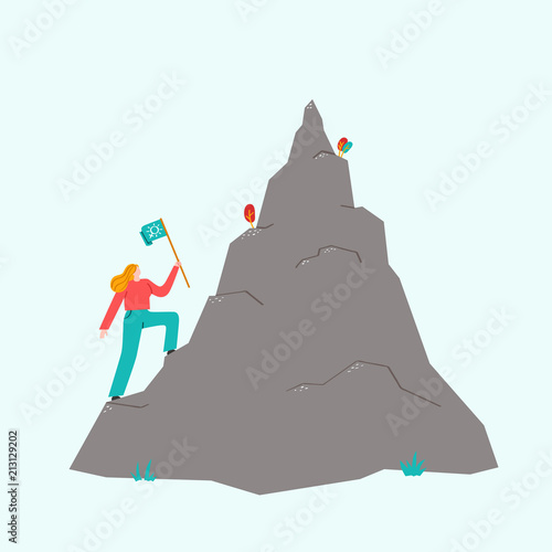 The woman is climbing the mountain with a flag (vector).