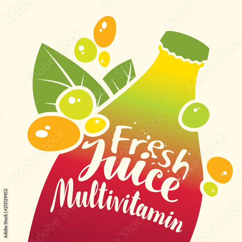 Vector banner with bottle, green leaves and inscription fresh juice multivitamin and drops