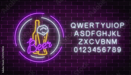 Glowing neon signboard of beer bottle with glass in round frames with alphabet Luminous advertising sign