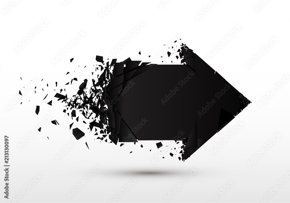 Fotografie Arrow with debris isolated. 3d black sign with explosion effect.