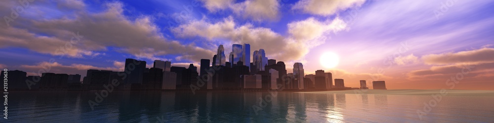 Panorama of the cityscape at sea. Marine city landscape.
3D rendering