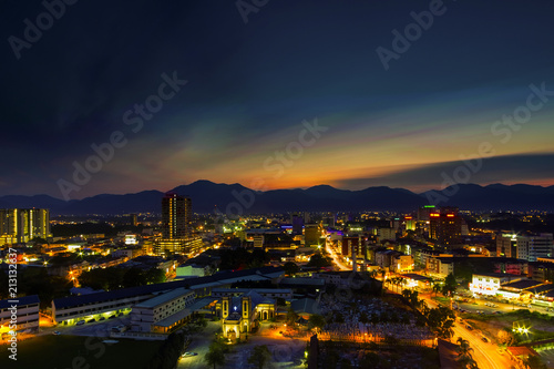 Scenery of Sunset at Ipoh,Perak,Malaysia with aerial view. Soft focus,Blur due to Long Exposure. Visible Noise due to High ISO.