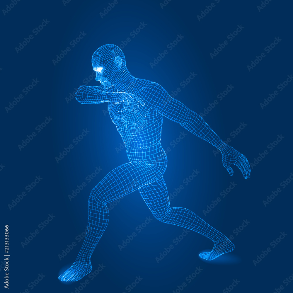 digital man figure in fight pose 3d wireframe style vector illustration digital man figure in fight pose 3d wireframe style vector illustration
