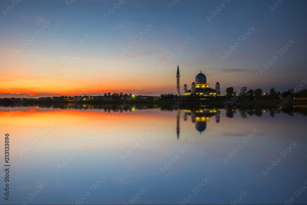 Sunrise Scenery of Public Mosque at Bertam,Penang,Malaysia with clear reflection.Soft Focus,Blur due to Long Exposure.