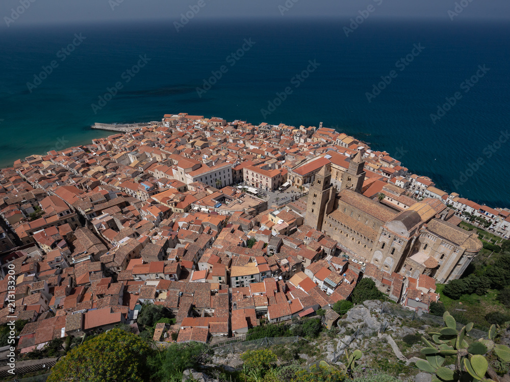 Town of Cefalù on Sicily from above