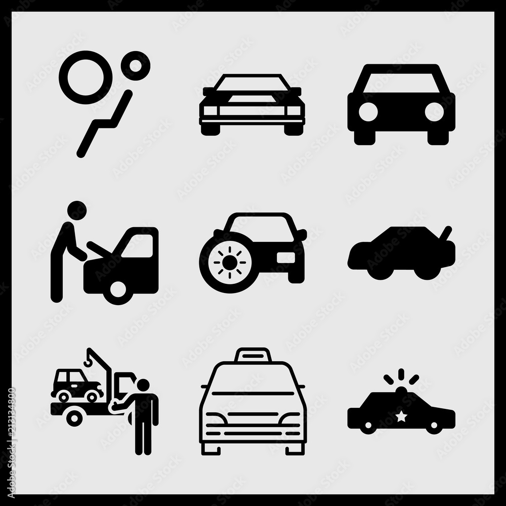 Fototapeta premium Simple 9 icon set of car related impala car front, car frontal view, car heating and minivan taxi vector icons. Collection Illustration