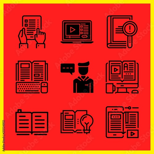 Simple 9 icon set of edication related lecture, open book, elearning and book vector icons. Collection Illustration