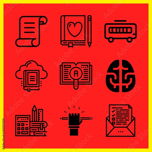 Simple 9 icon set of edication related test, school bus, book and learning vector icons. Collection Illustration