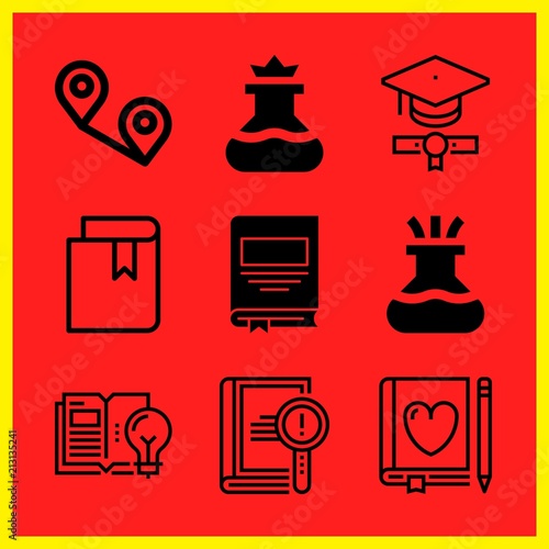 Simple 9 icon set of edication related flask, book, open book and flask vector icons. Collection Illustration