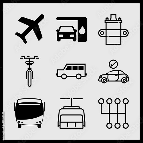 Fototapeta Naklejka Na Ścianę i Meble -  Simple 9 icon set of car related changing car oil, airplane, car parts and chairlift vector icons. Collection Illustration