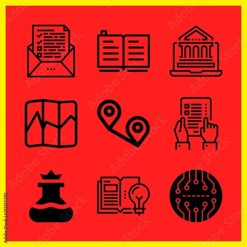 Simple 9 icon set of edication related board, open book, map and distance vector icons. Collection Illustration