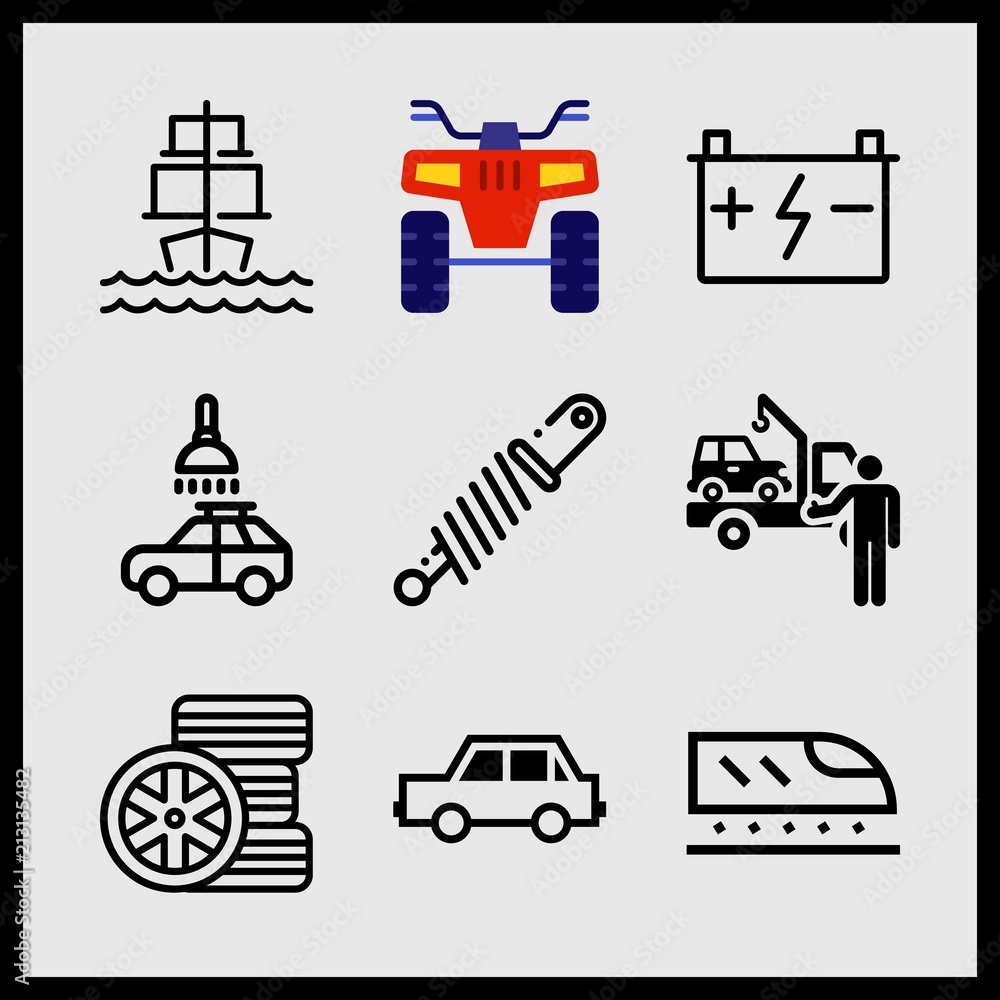 Simple 9 icon set of car related shock absorber, wheel, rectangular car and car wash vector icons. Collection Illustration Simple 9 icon set of car related shock absorber, wheel, rectangular car and car wash vector icons. Collection Illustration