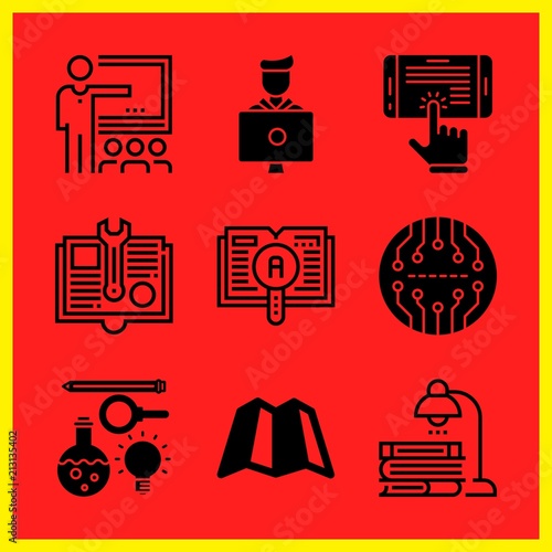Simple 9 icon set of edication related student, ebook, science and learning vector icons. Collection Illustration