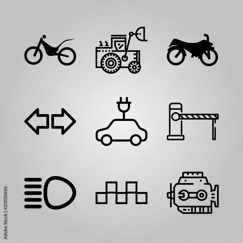 Simple 9 icon set of transport related engine, squares transports symbol, parking and turn signals vector icons. Collection Illustration Simple 9 icon set of transport related engine, squares transports symbol, parking and turn signals vector icons. Collection Illustration