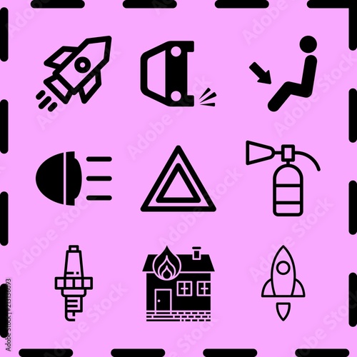 Simple 9 icon set of fire related overturned car, car beacon on, hazard and burning house vector icons. Collection Illustration