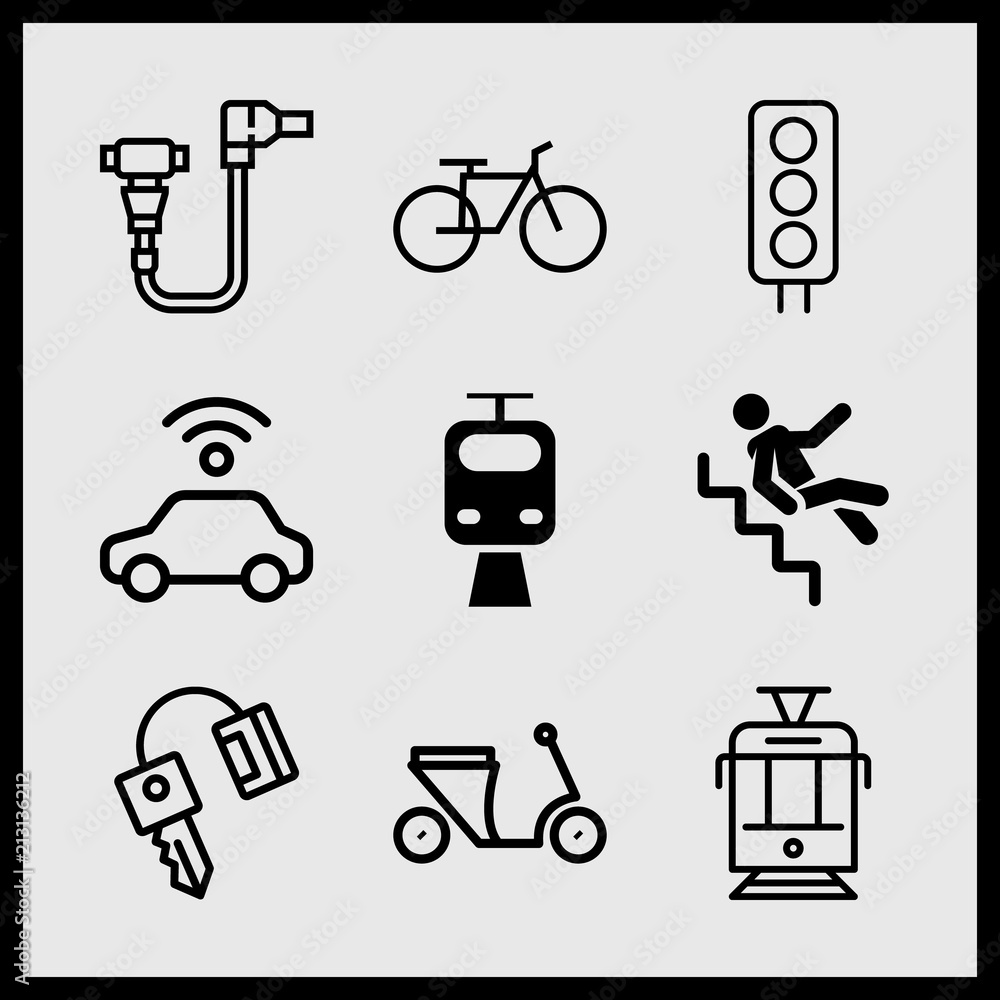 Simple 9 icon set of car related motorcycle, car, tram and bicycle ecological transport vector icons. Collection Illustration Simple 9 icon set of car related motorcycle, car, tram and bicycle ecological transport vector icons. Collection Illustration
