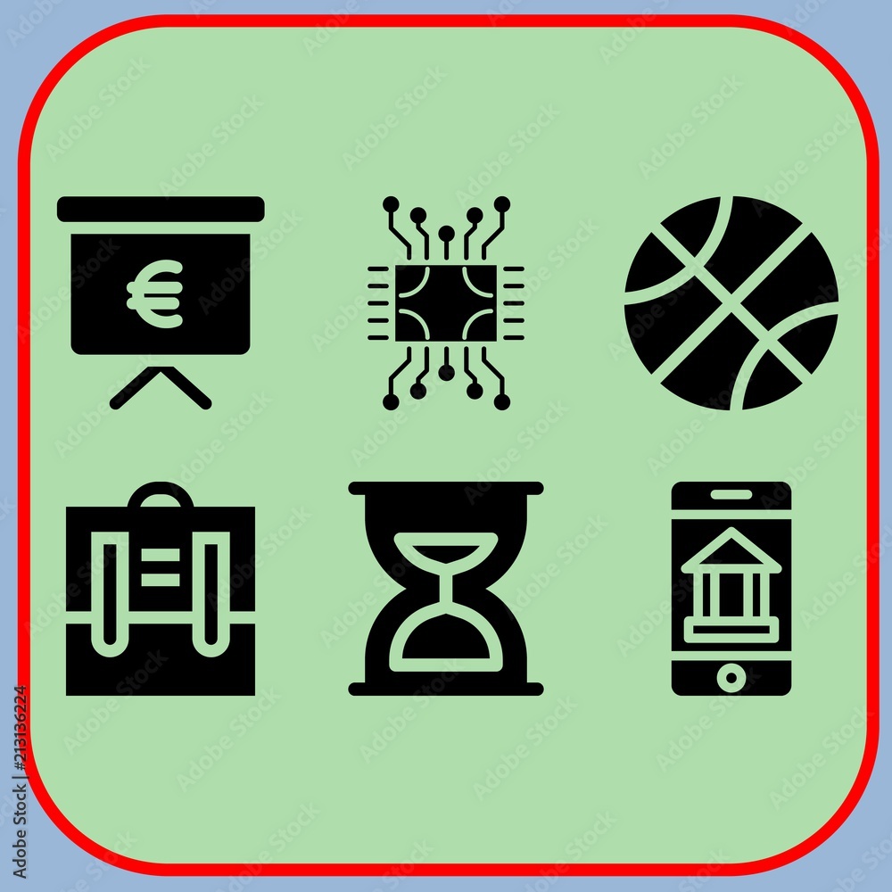 Φωτογραφία Simple 6 icon set of business related online banking, hourglass, circuit and basketball vector icons