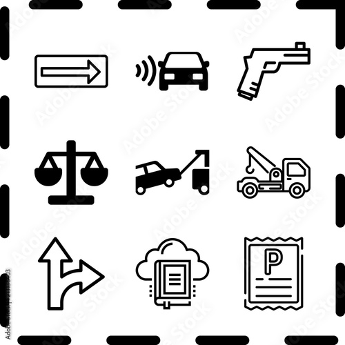 Fototapeta Naklejka Na Ścianę i Meble -  Simple 9 icon set of law related towed car, library, turn right and speed road radar vector icons. Collection Illustration