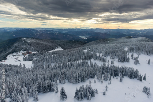 Amazing winter landscape of Rhodope Mountains near Pamporovo resort from Snezhanka tower, Smolyan Region, Bulgaria
