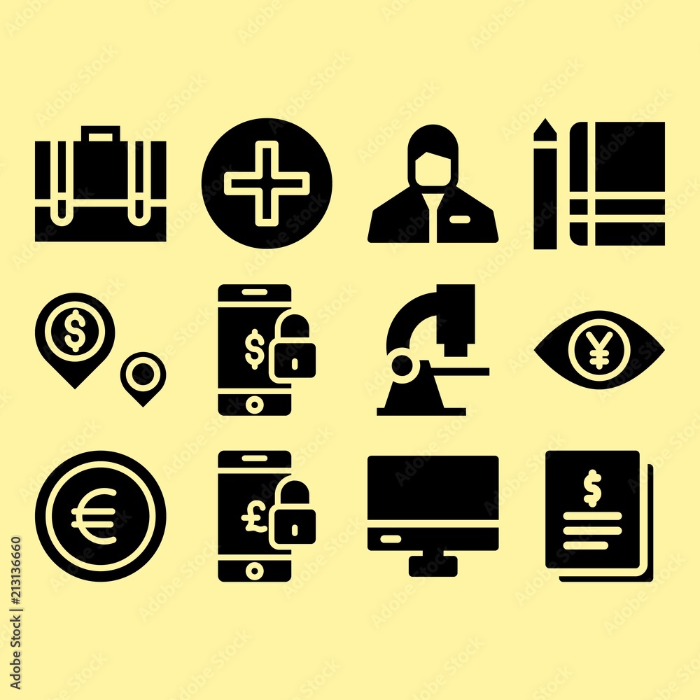 Euro, notebook and invoice related premium icon set Euro, notebook and invoice related premium icon set