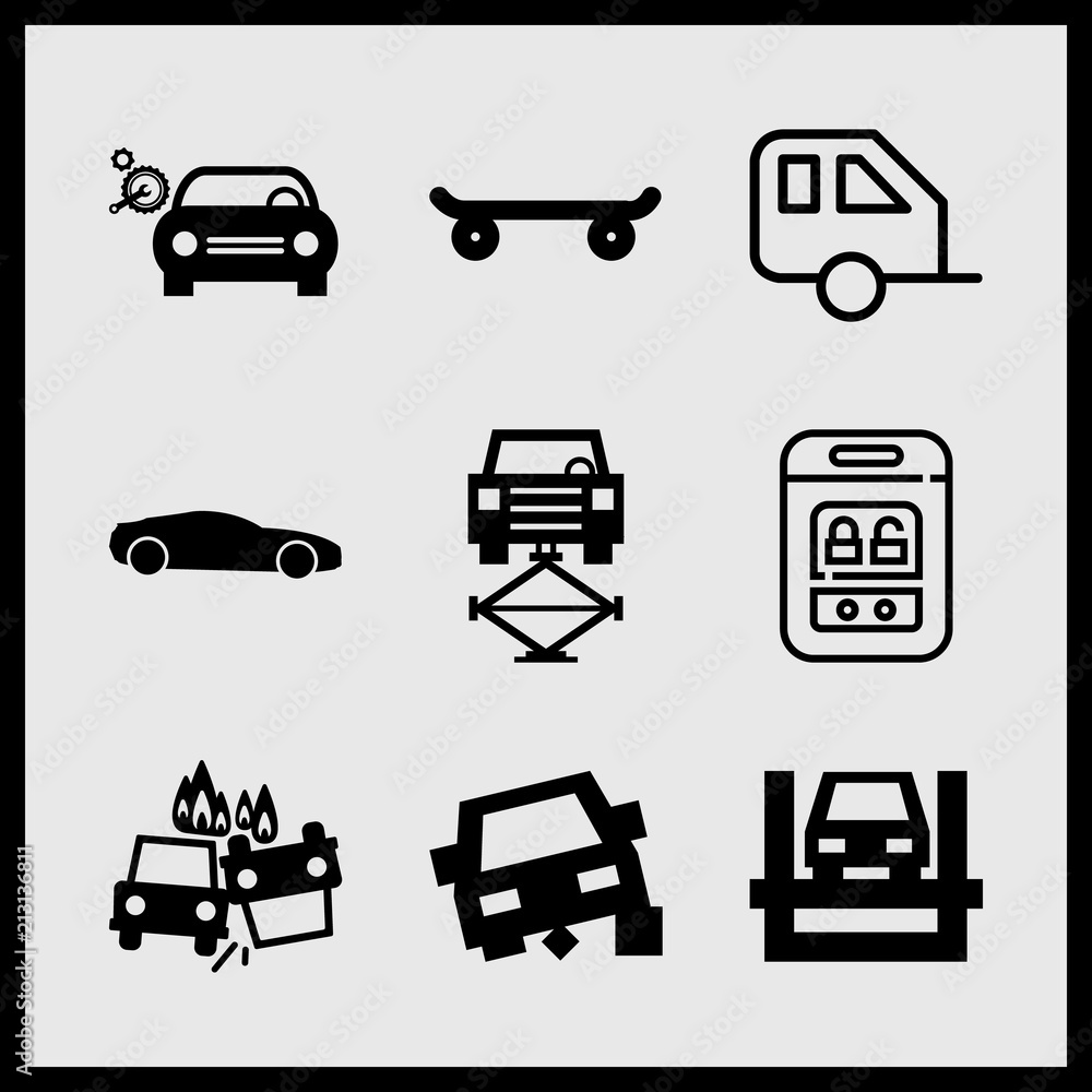 Simple 9 icon set of car related skate side view, sport car black side shape, caravan and car repair vector icons. Collection Illustration