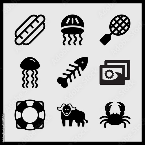 Simple 9 set of Summer related buffalo, tennis, fishbone and sea jellyfish vector icons