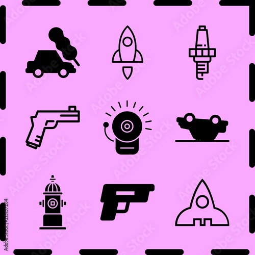 Simple 9 icon set of fire related rocket outlined space ship, hydrant, car crash tree and car overturn vector icons. Collection Illustration