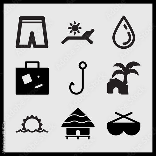 Simple 9 set of Summer related sun rise, sunglasses, suitcase and short pants vector icons