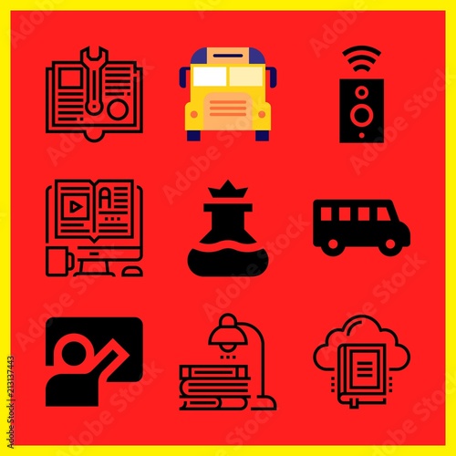 Simple 9 icon set of edication related school bus, elearning, speaker and library vector icons. Collection Illustration