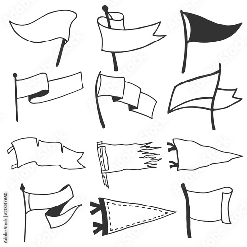 Set of 12 pennants. Retro monochrome labels. Hand drawn wanderlust style. Pennant travel flags design