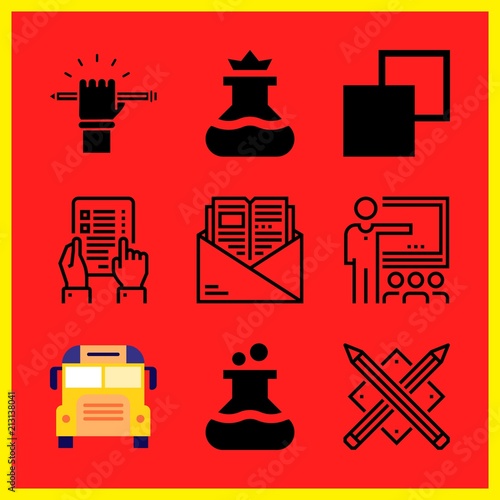 Simple 9 icon set of edication related flask, classroom, school bus and exam vector icons. Collection Illustration