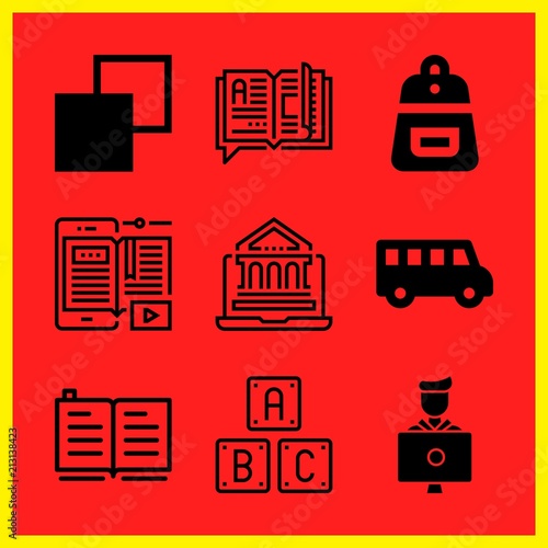 Simple 9 icon set of edication related school bus, ebook, abc and open book vector icons. Collection Illustration