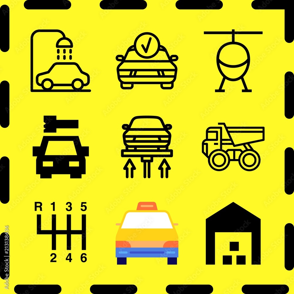 Simple 9 icon set of business related helicopter, fix sign, driving gear controls and warehouse vector icons. Collection Illustration Simple 9 icon set of business related helicopter, fix sign, driving gear controls and warehouse vector icons. Collection Illustration