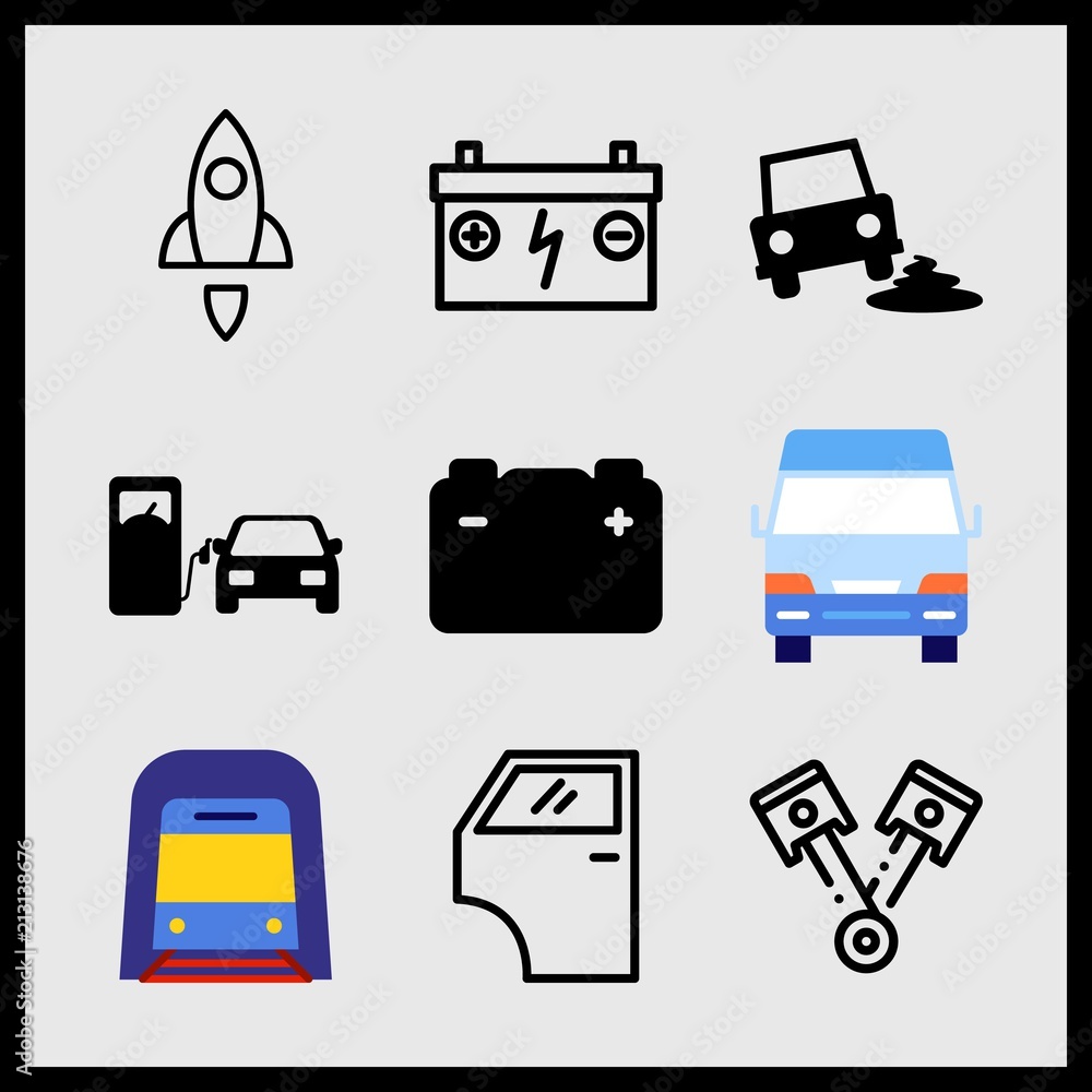 Simple 9 icon set of car related battery, rocket, car door and accumulator vector icons. Collection Illustration Simple 9 icon set of car related battery, rocket, car door and accumulator vector icons. Collection Illustration