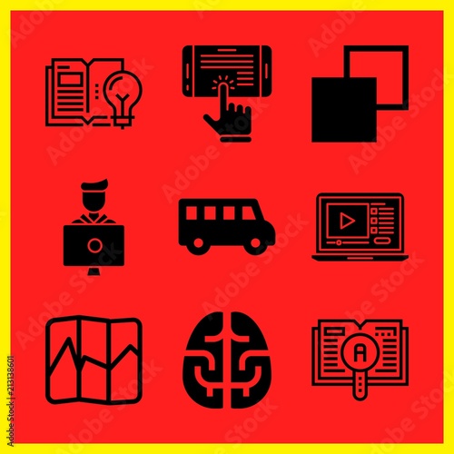 Simple 9 icon set of edication related student, school bus, learning and copy vector icons. Collection Illustration