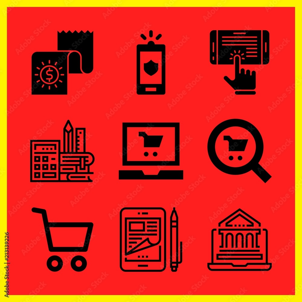 Simple 9 icon set of online related bill, cart, smartphone and ebook vector icons. Collection Illustration Simple 9 icon set of online related bill, cart, smartphone and ebook vector icons. Collection Illustration