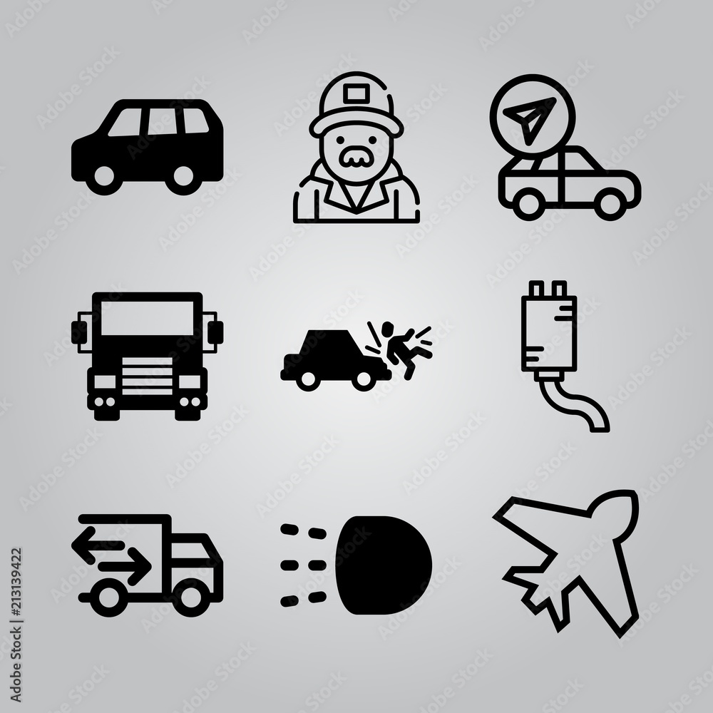 Simple 9 icon set of transport related airplane outline, mechanic, vehicle and headlights vector icons. Collection Illustration Simple 9 icon set of transport related airplane outline, mechanic, vehicle and headlights vector icons. Collection Illustration